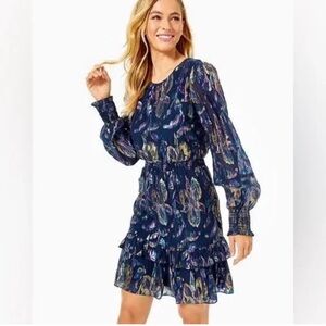 Lilly Pulitzer Dotti Silk Ruffle Dress in metallic navy